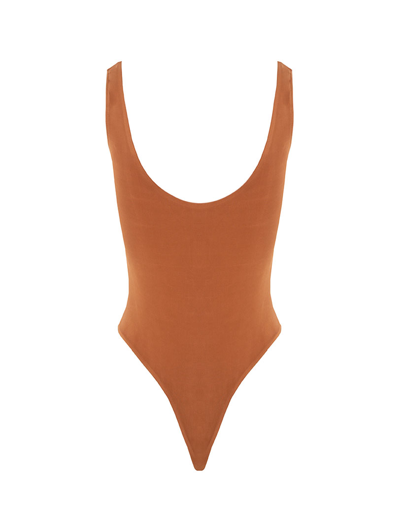 Yüzücü Atlet Kesim Alttan Çıtçıtlı Body - Taba