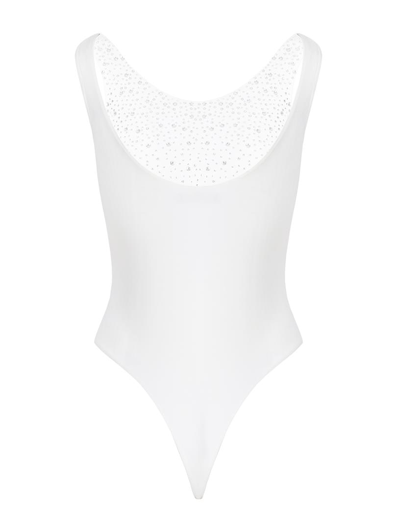 Yüzücü Atlet Kesim Sık Kristal Taşlı Body - Ekru