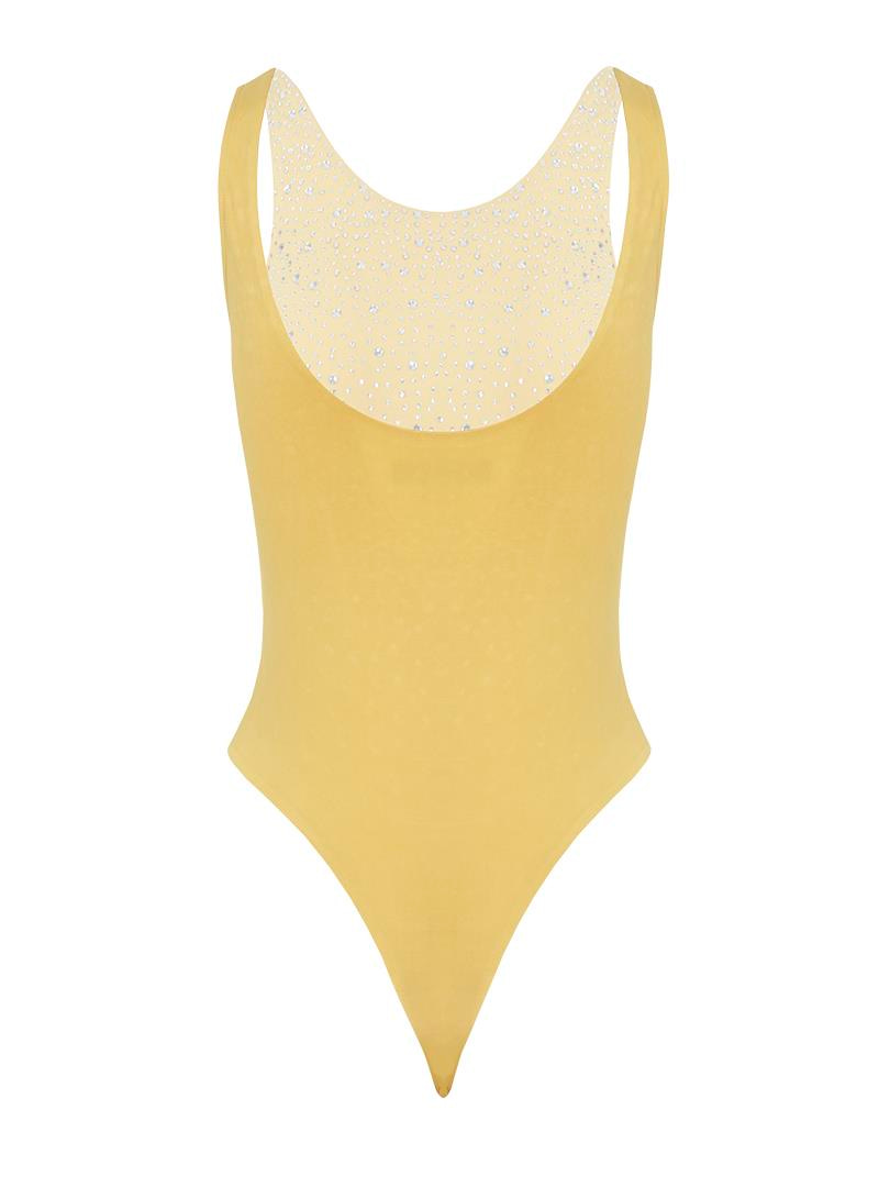 Yüzücü Atlet Kesim Sık Kristal Taşlı Body - Sarı