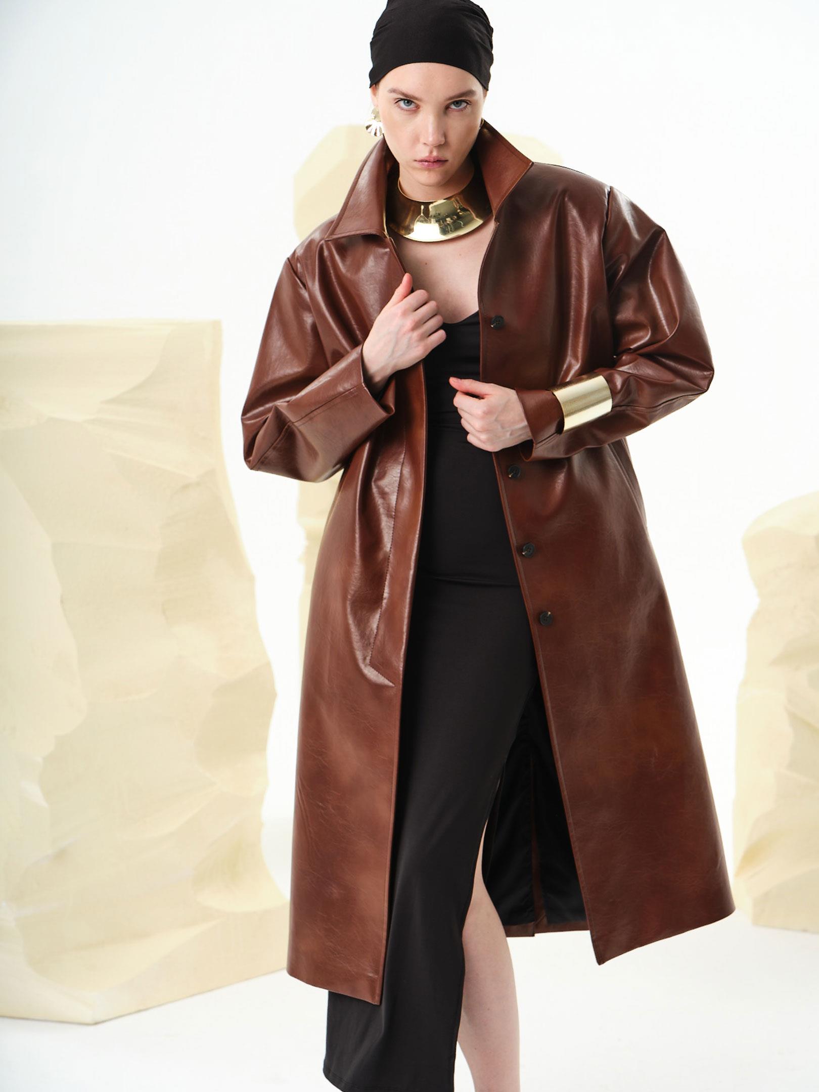 Zeytin Çekirdeğinden Üretilmiş Vegan Deri Tasarım Mont  -  Kahve Kaban ve Trençkot Modelleri