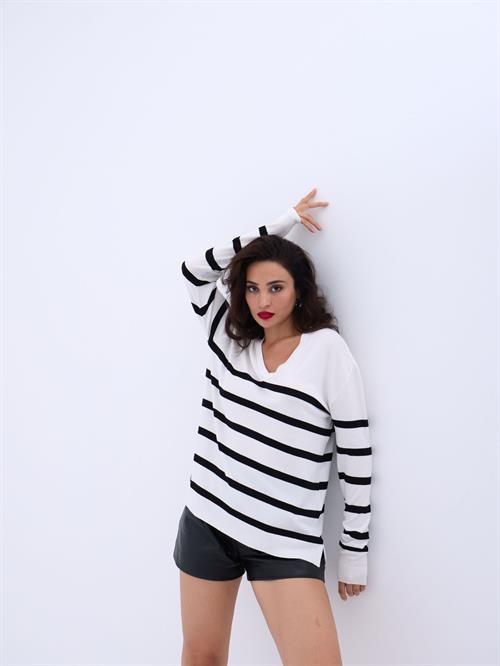 4203 TRİKO V YAKA ÇİZGİLİ BASİC SALAŞ-EKRU-SİYAH