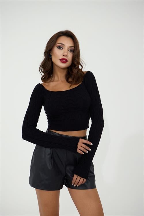 42241 TRİKO KAYIK YAKA CROP-SİYAH
