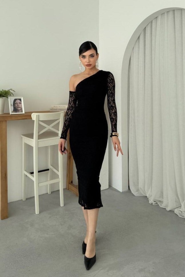 Bees One Shoulder Detailed Dress - Black 00569