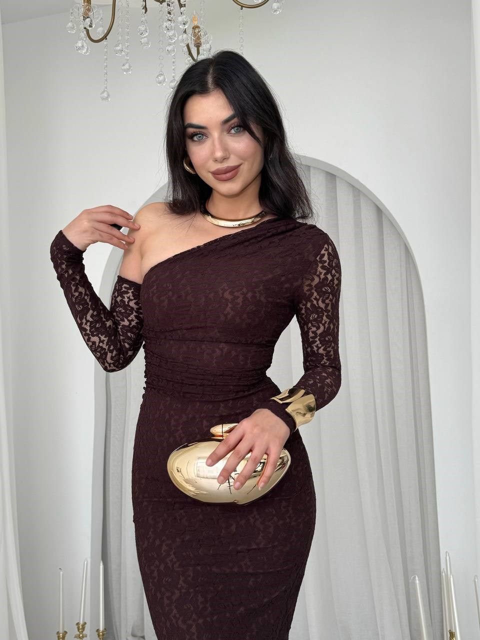 Bees One Shoulder Detailed Dress - Brown 00569