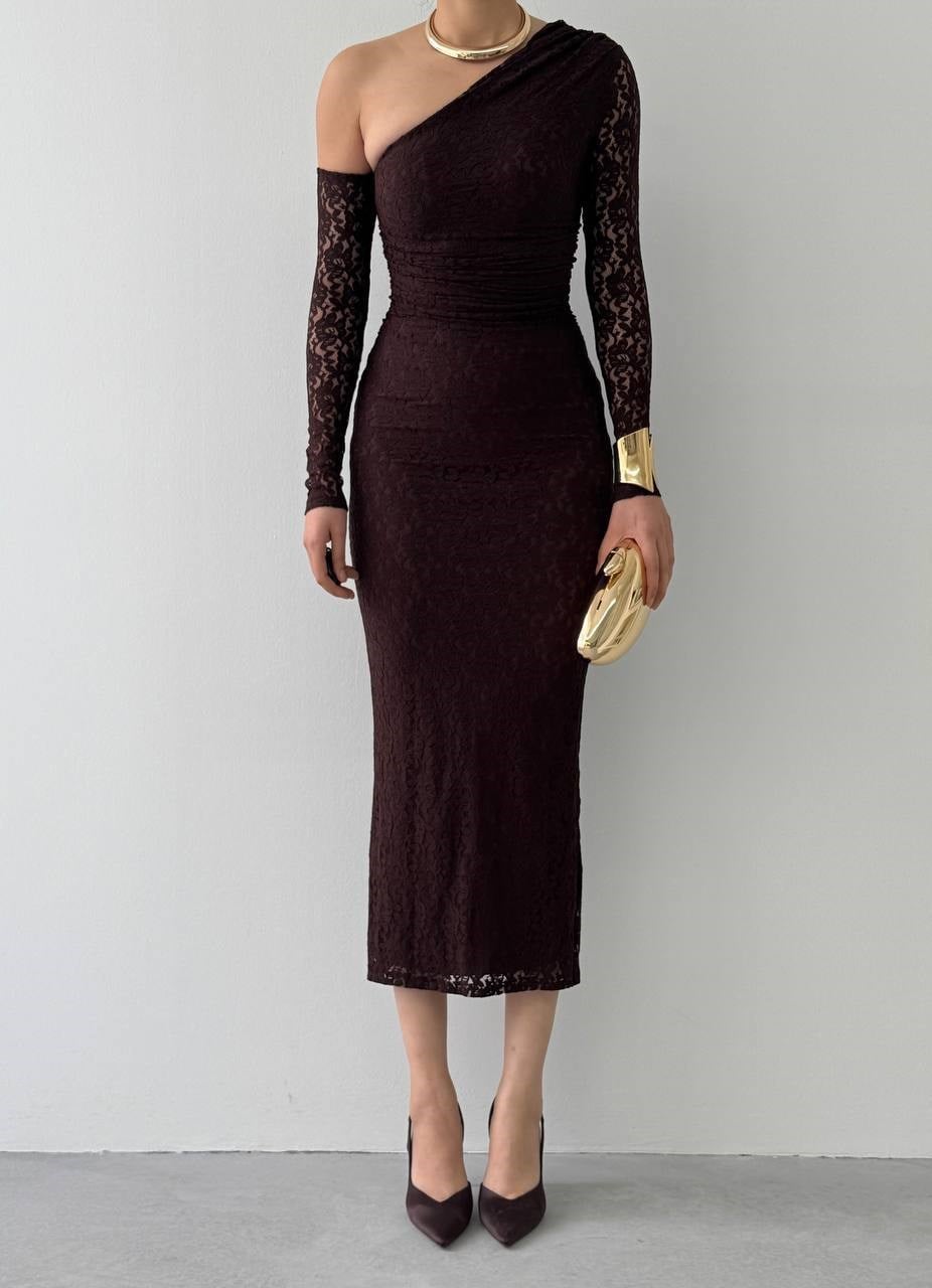 Bees One Shoulder Detailed Dress - Brown 00569