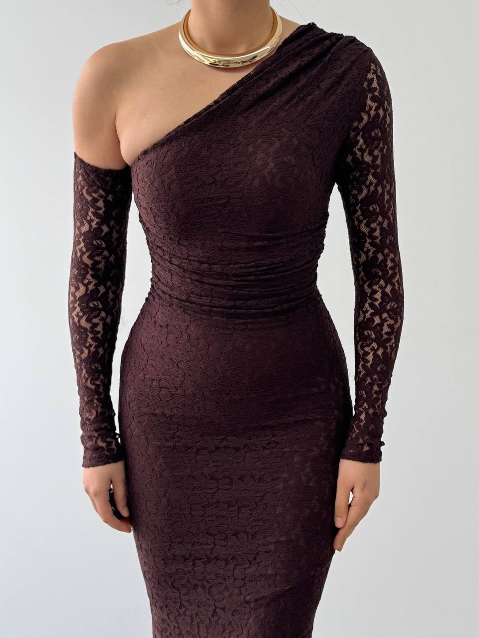 Bees One Shoulder Detailed Dress - Brown 00569