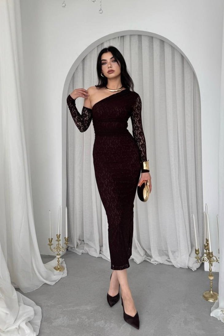 Bees One Shoulder Detailed Dress - Brown 00569