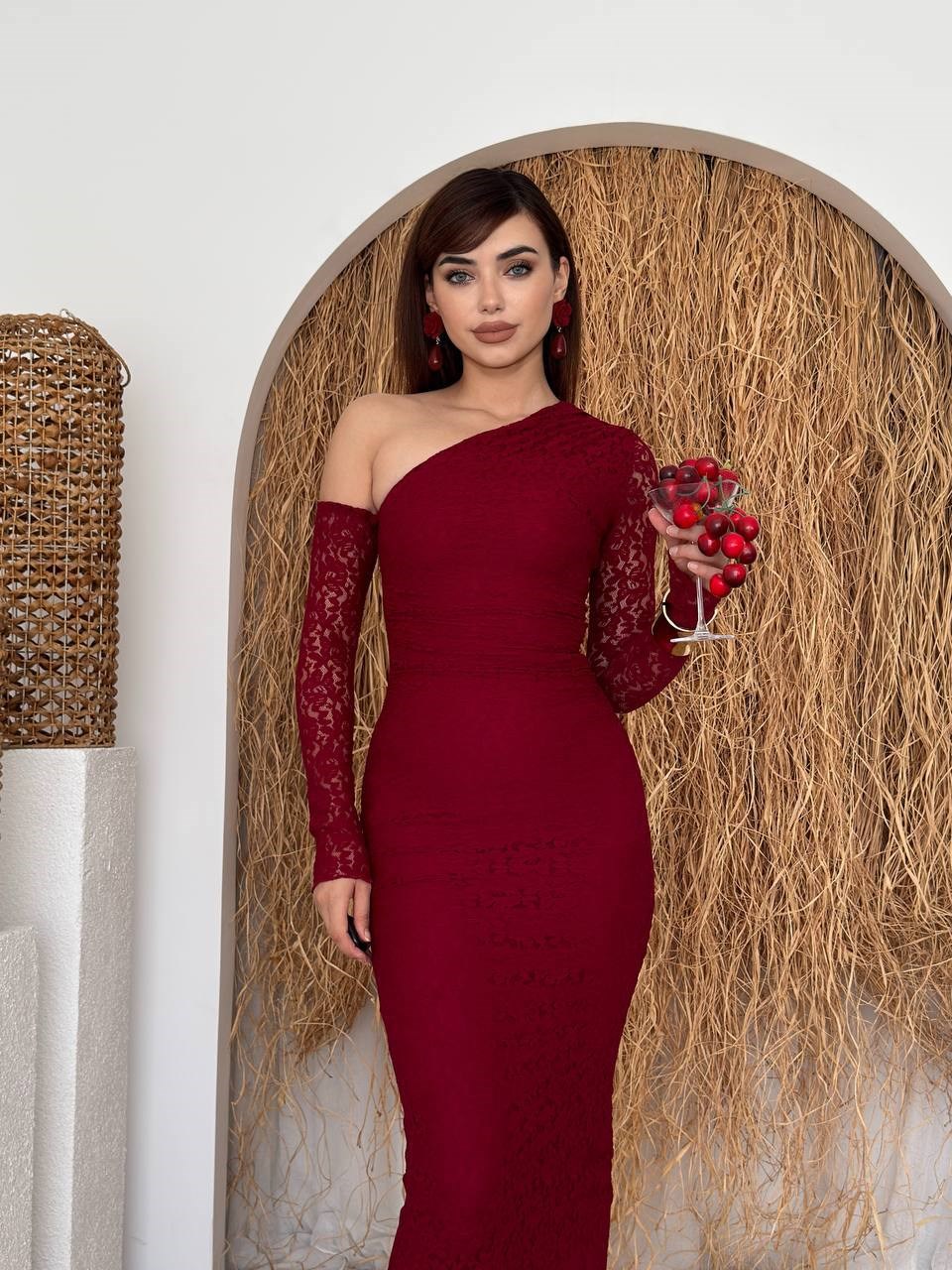 Bees One Shoulder Detailed Dress - Burgundy 00569