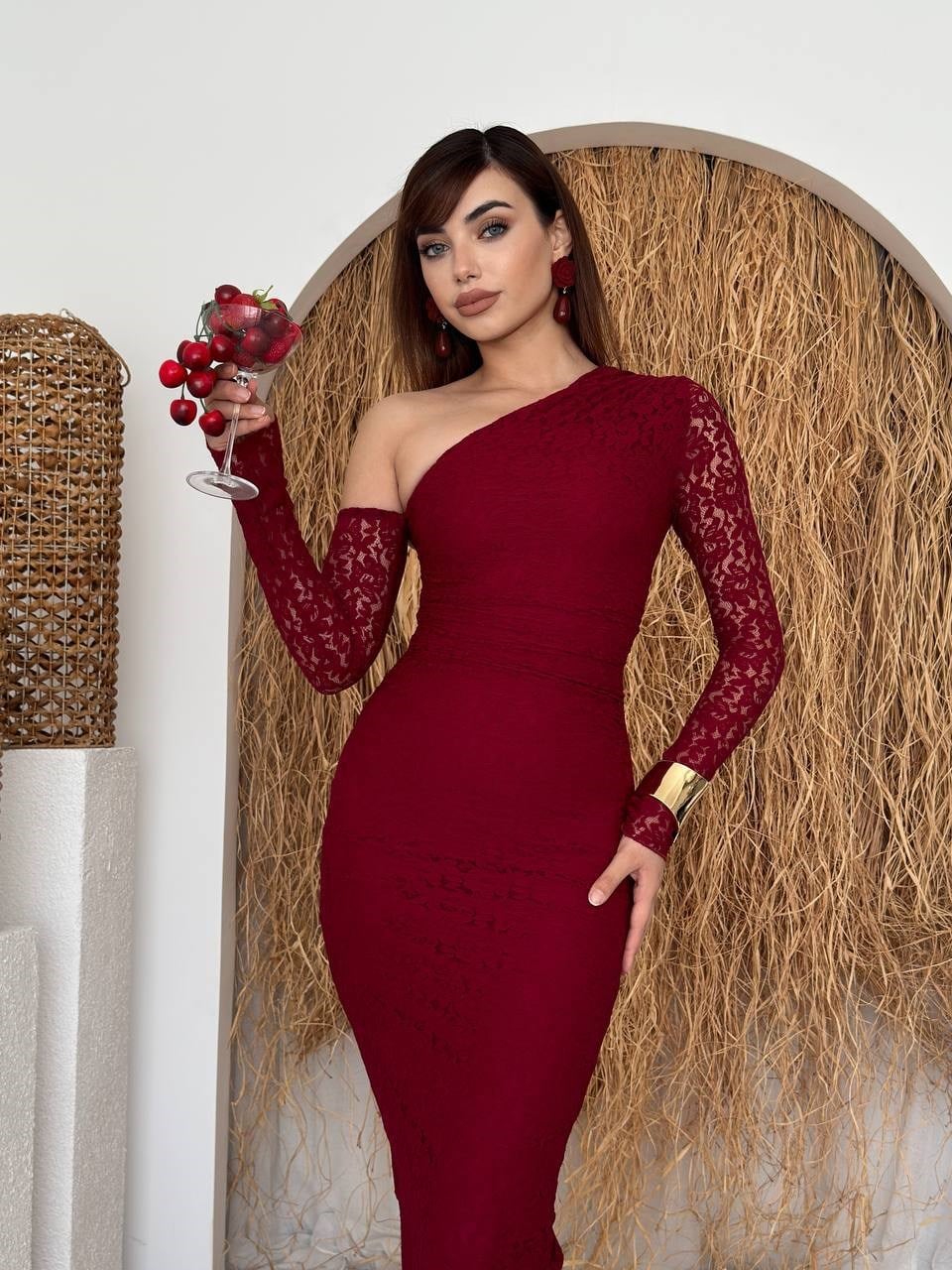 Bees One Shoulder Detailed Dress - Burgundy 00569