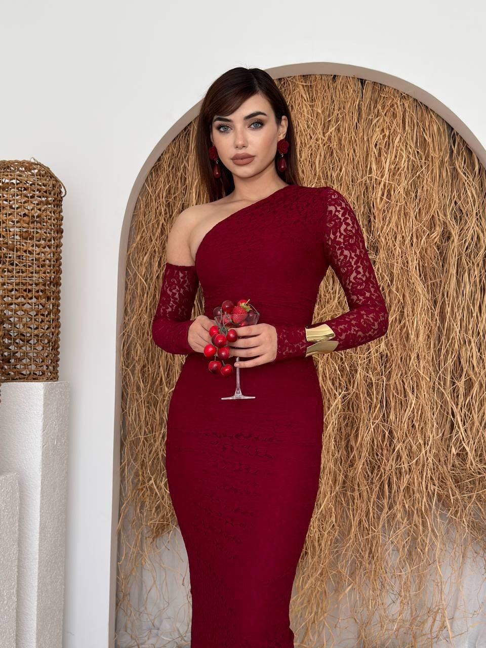 Bees One Shoulder Detailed Dress - Burgundy 00569