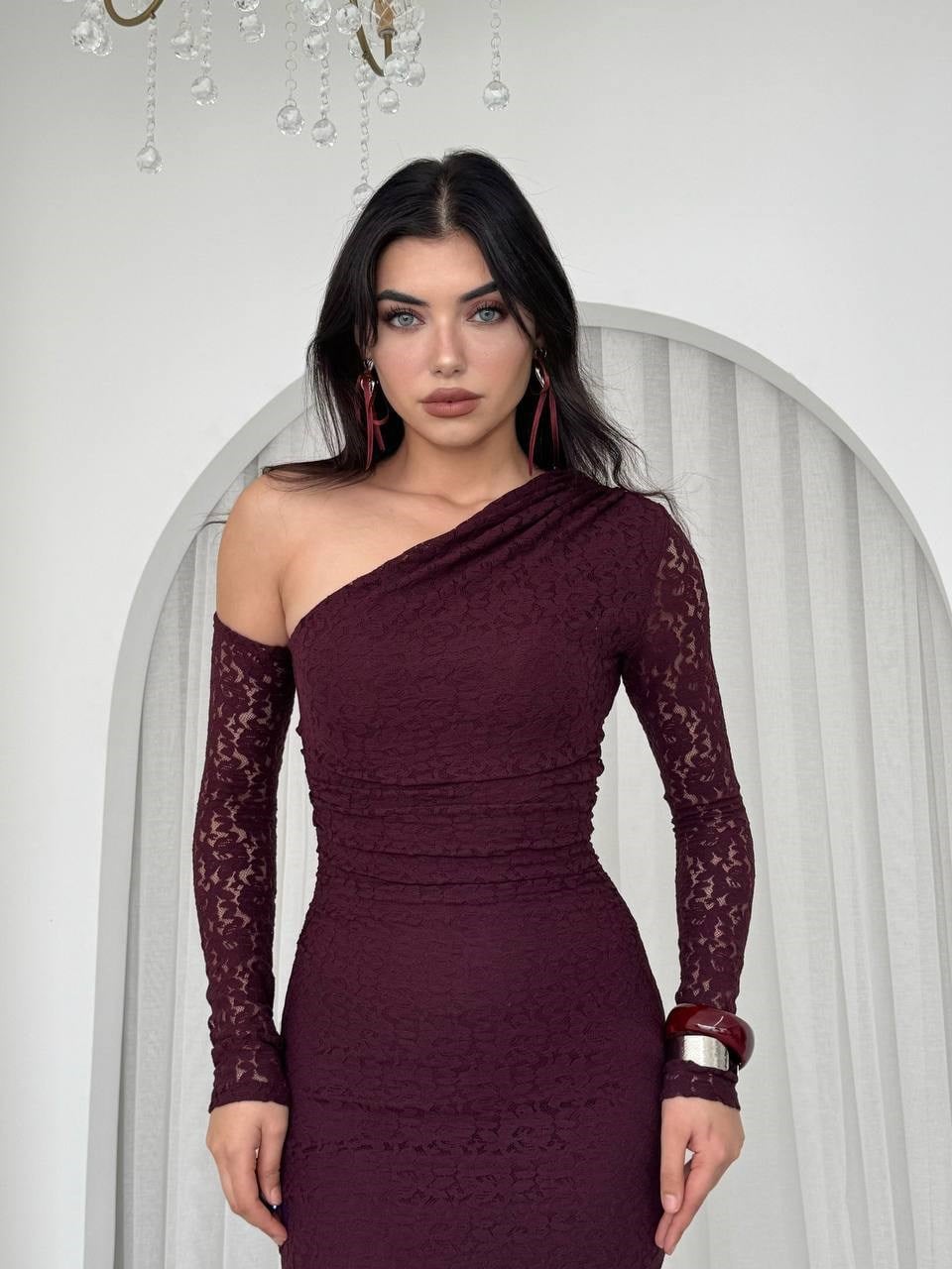 Bees One Shoulder Detailed Dress - Plum 00569