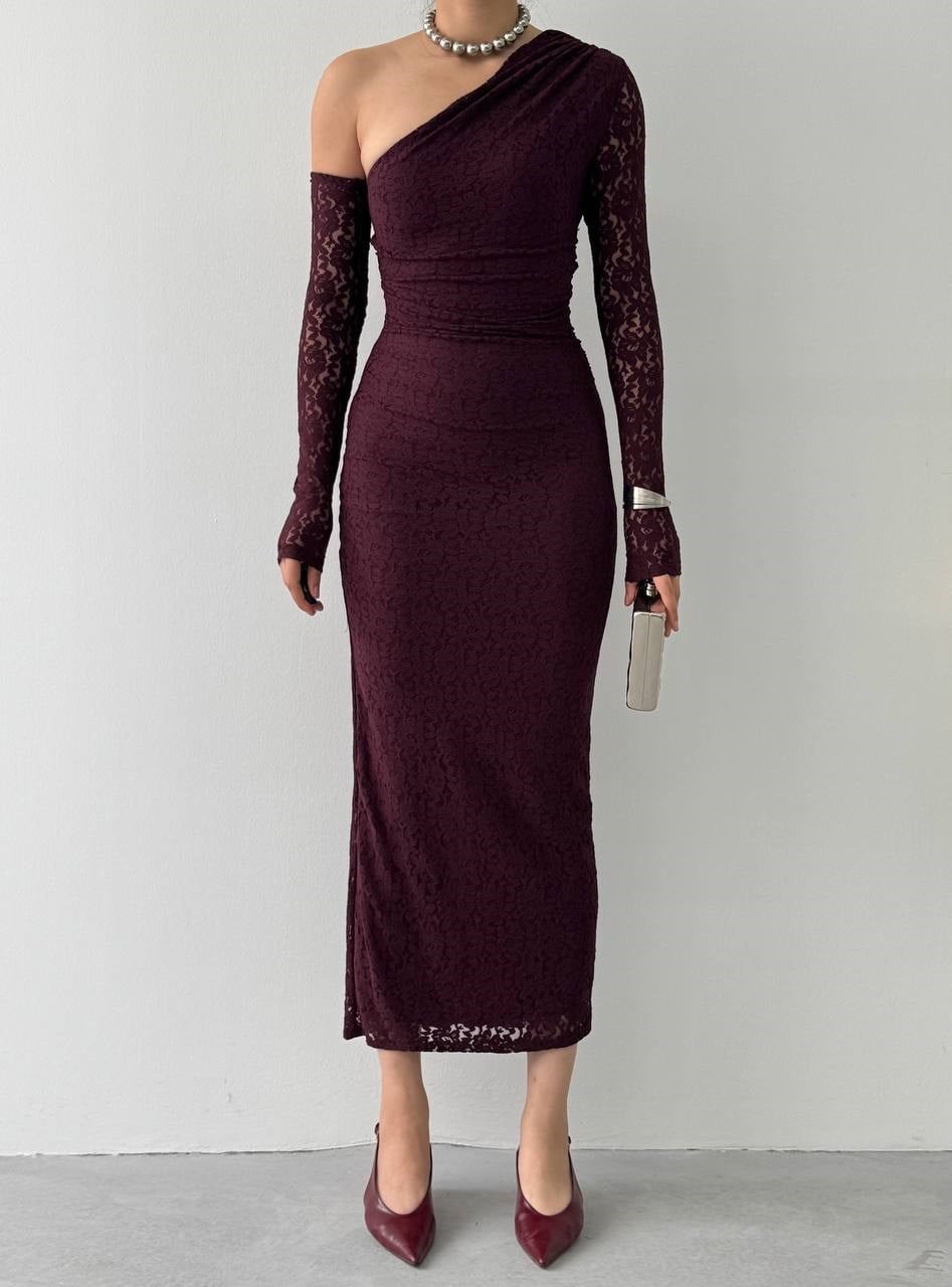 Bees One Shoulder Detailed Dress - Plum 00569