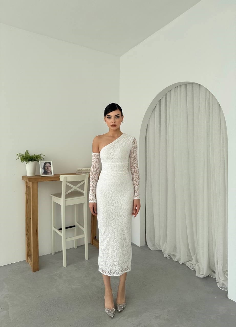 Bees One Shoulder Detailed Dress - White 00569