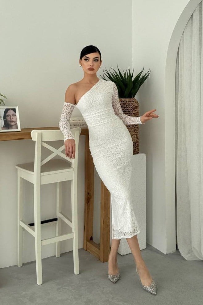 Bees One Shoulder Detailed Dress - White 00569
