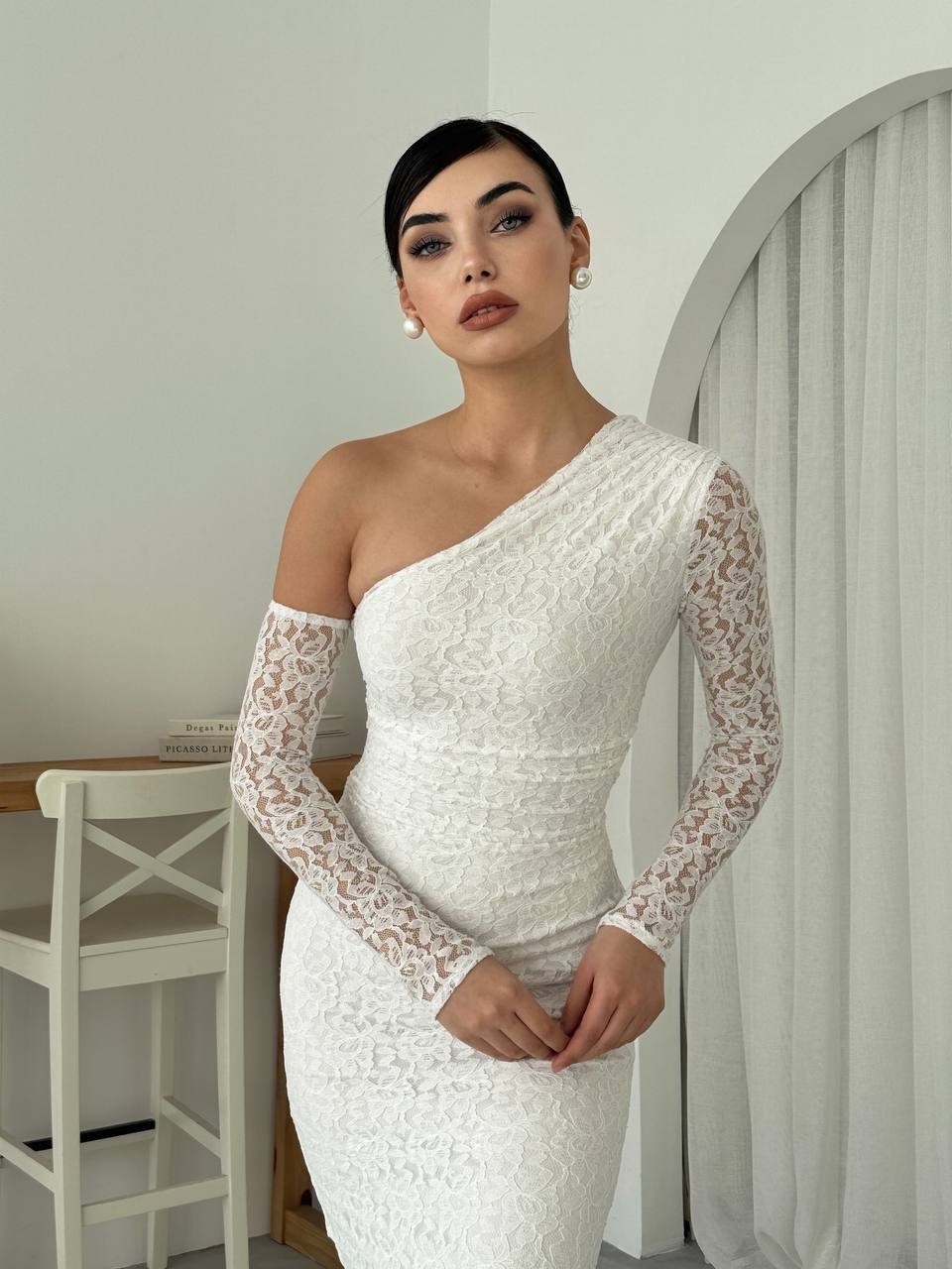 Bees One Shoulder Detailed Dress - White 00569
