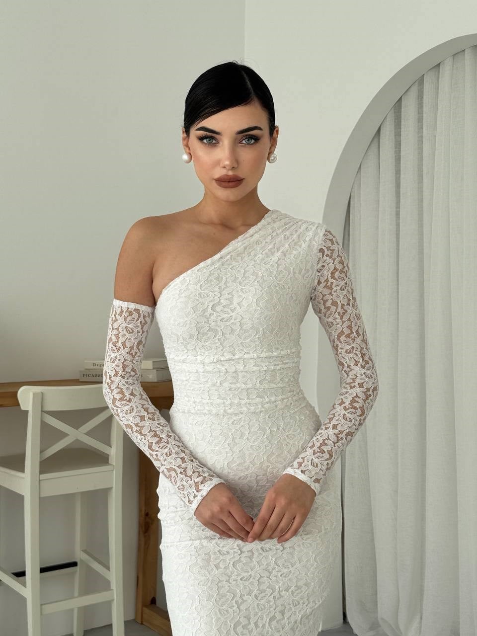 Bees One Shoulder Detailed Dress - White 00569