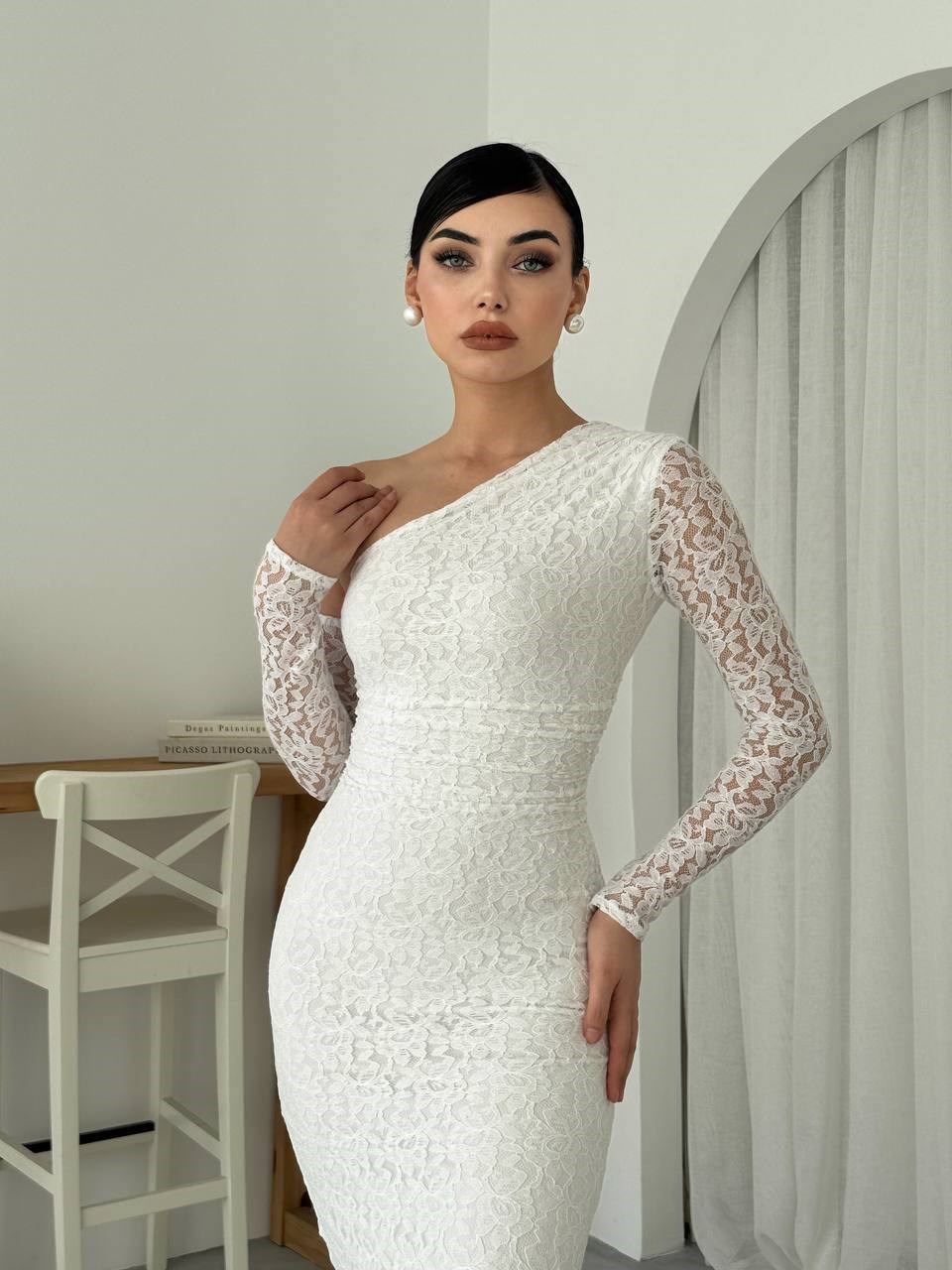 Bees One Shoulder Detailed Dress - White 00569