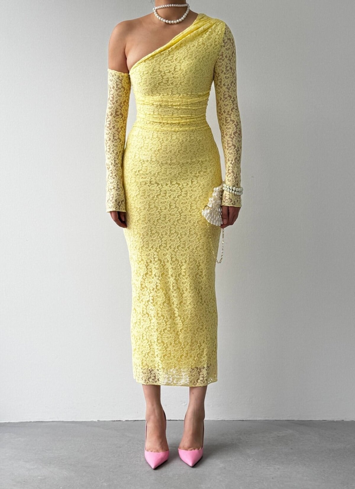 Bees One Shoulder Detailed Dress - Yellow 00569