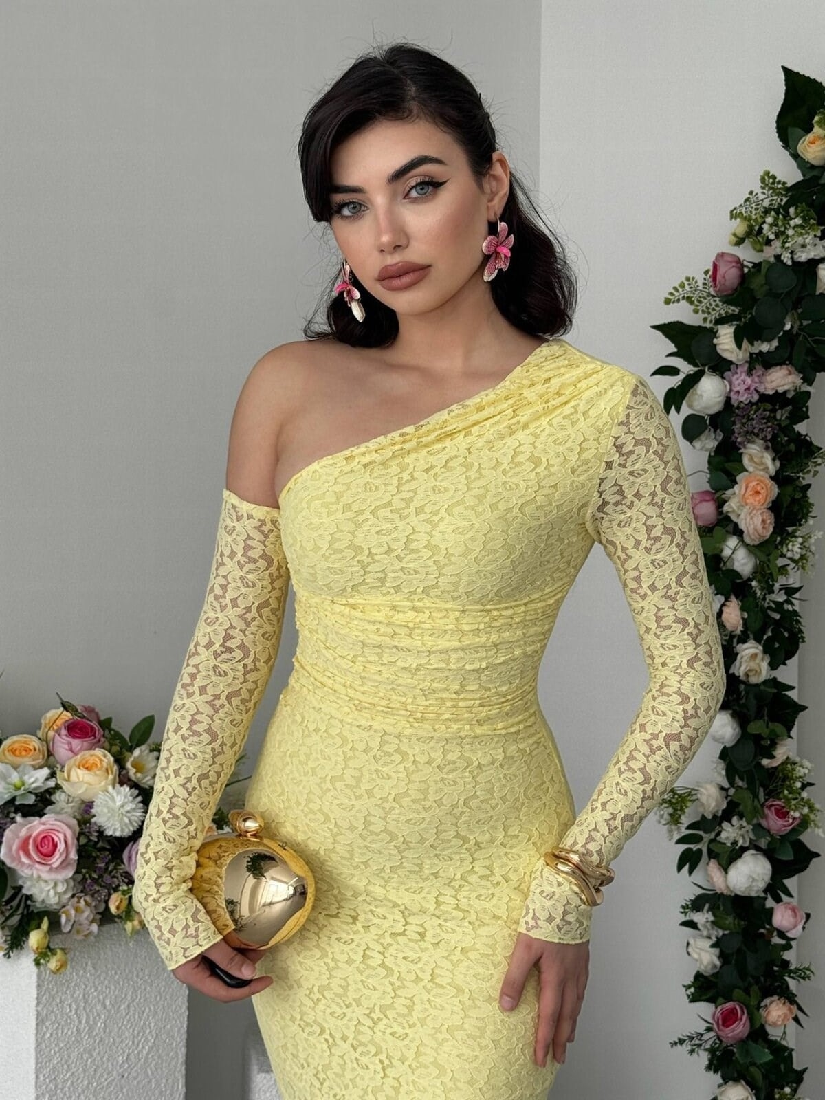 Bees One Shoulder Detailed Dress - Yellow 00569