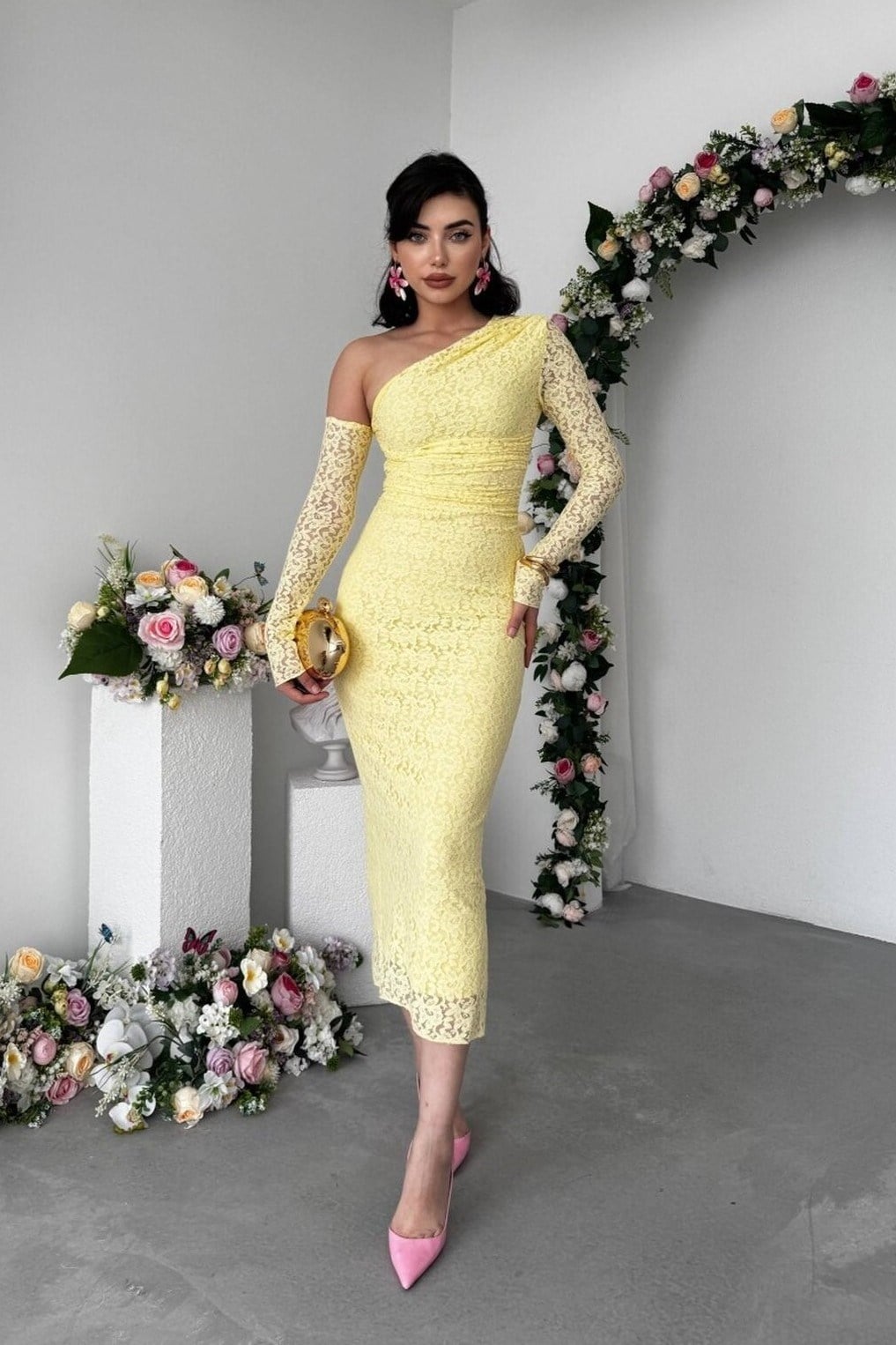 Bees One Shoulder Detailed Dress - Yellow 00569