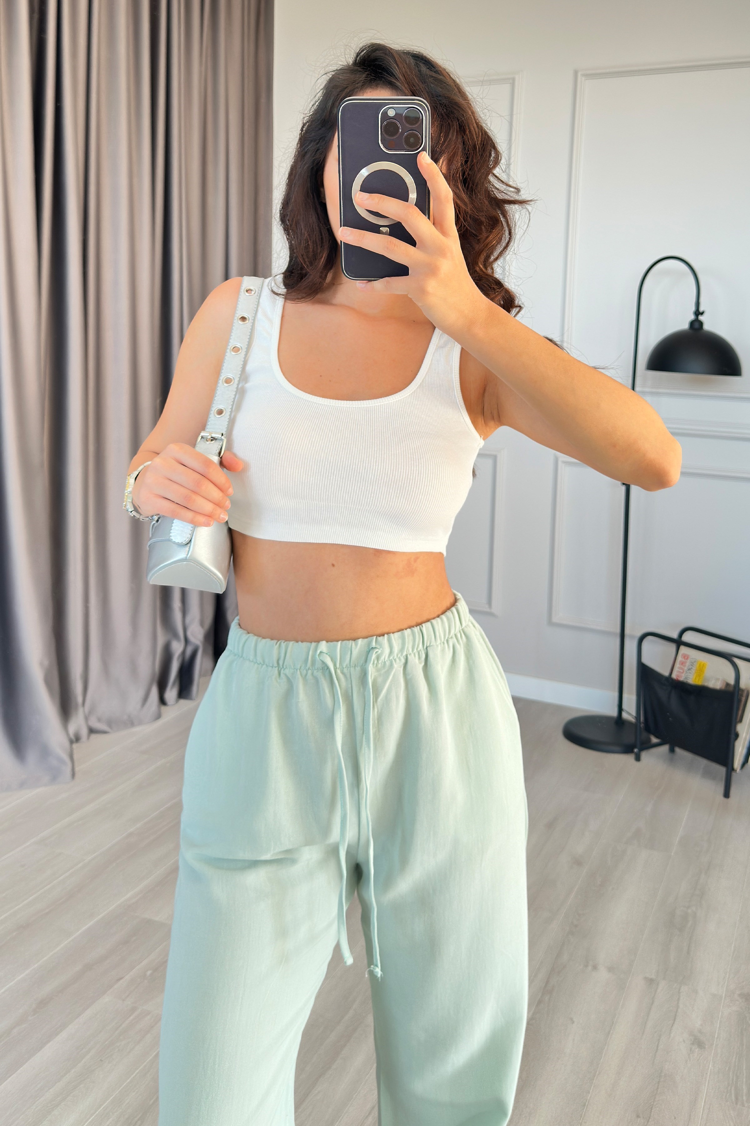 Beli Bağcık Bağlamalı Mint Keten Toptan Pantolon