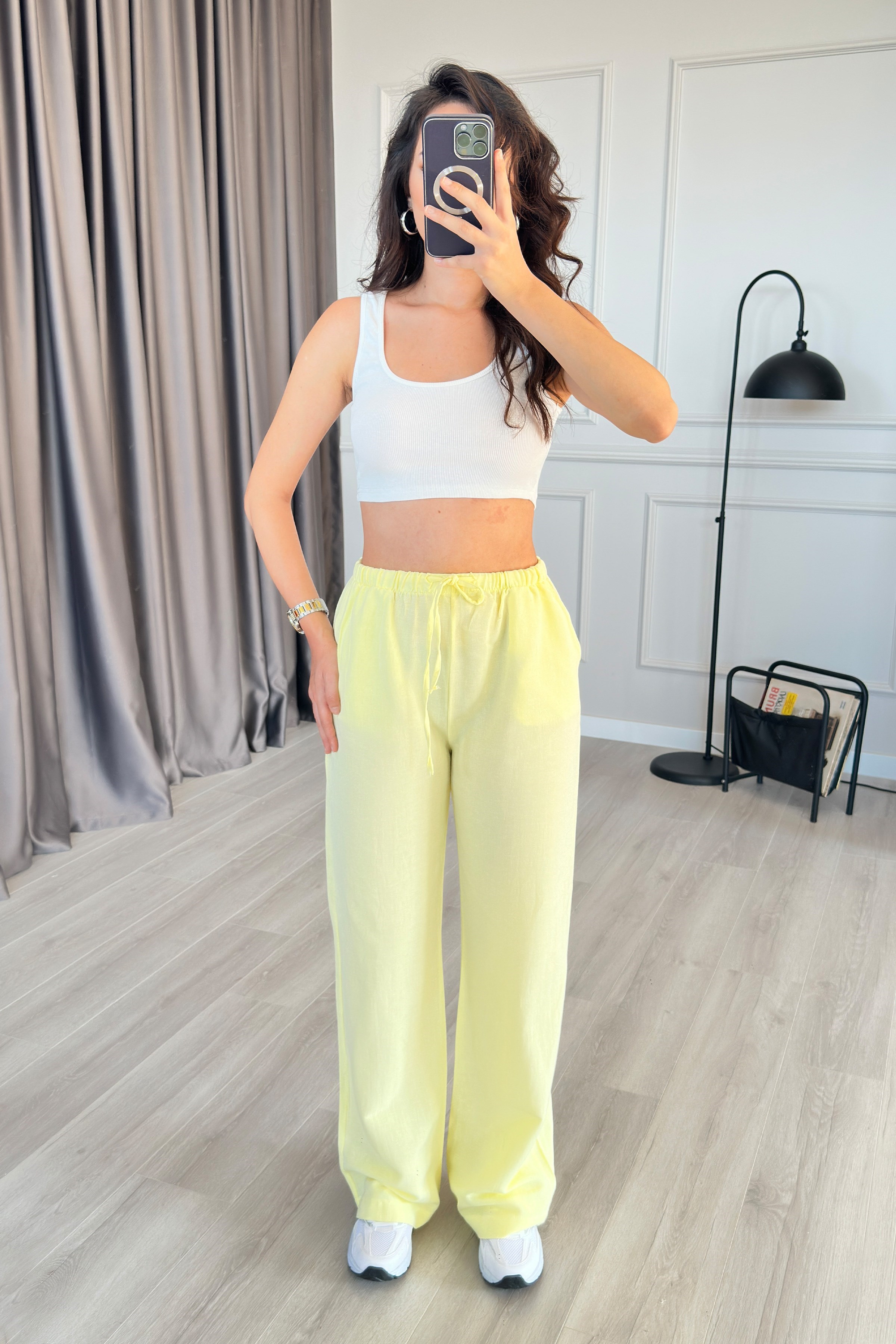 Beli Bağcık Bağlamalı Sarı Keten Toptan Pantolon