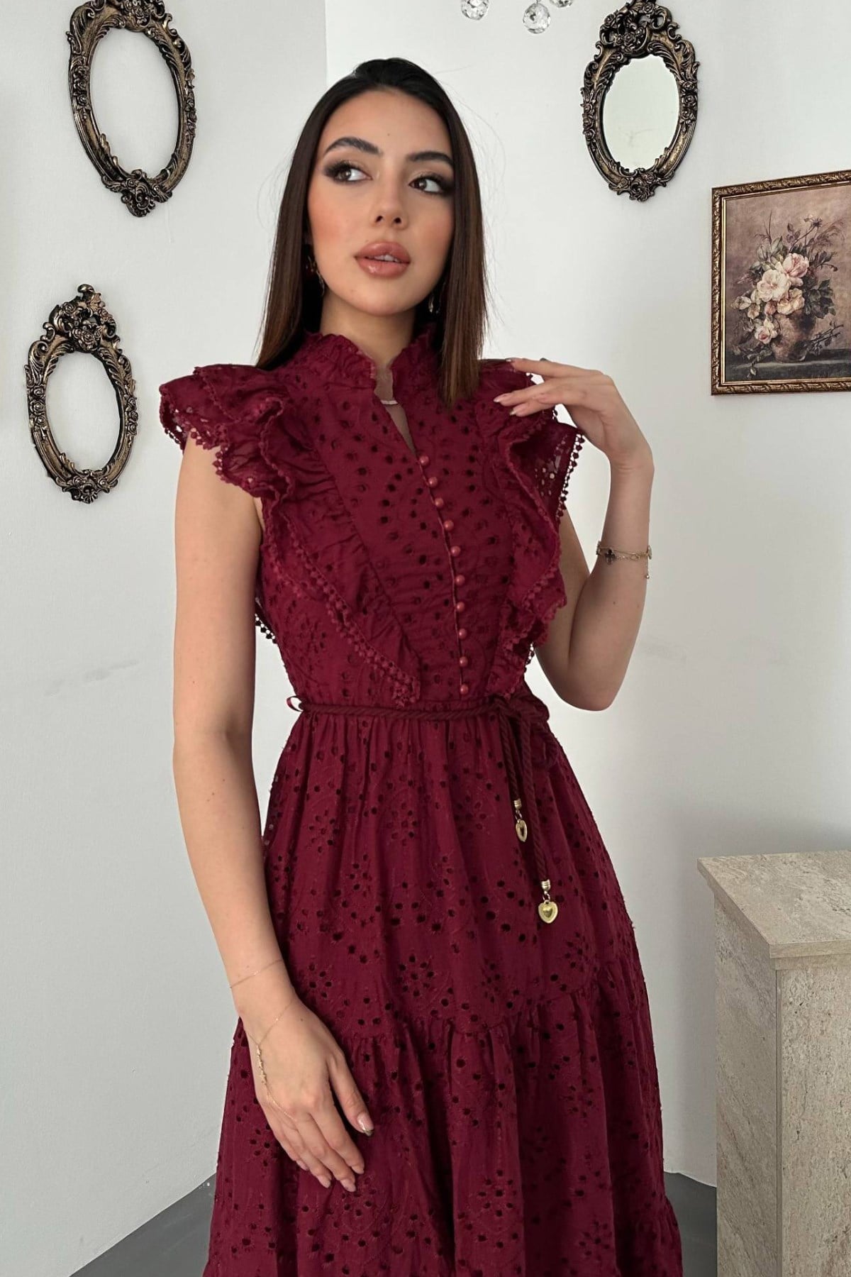 Bordo Fırfırlı Düğmeli Elbise
