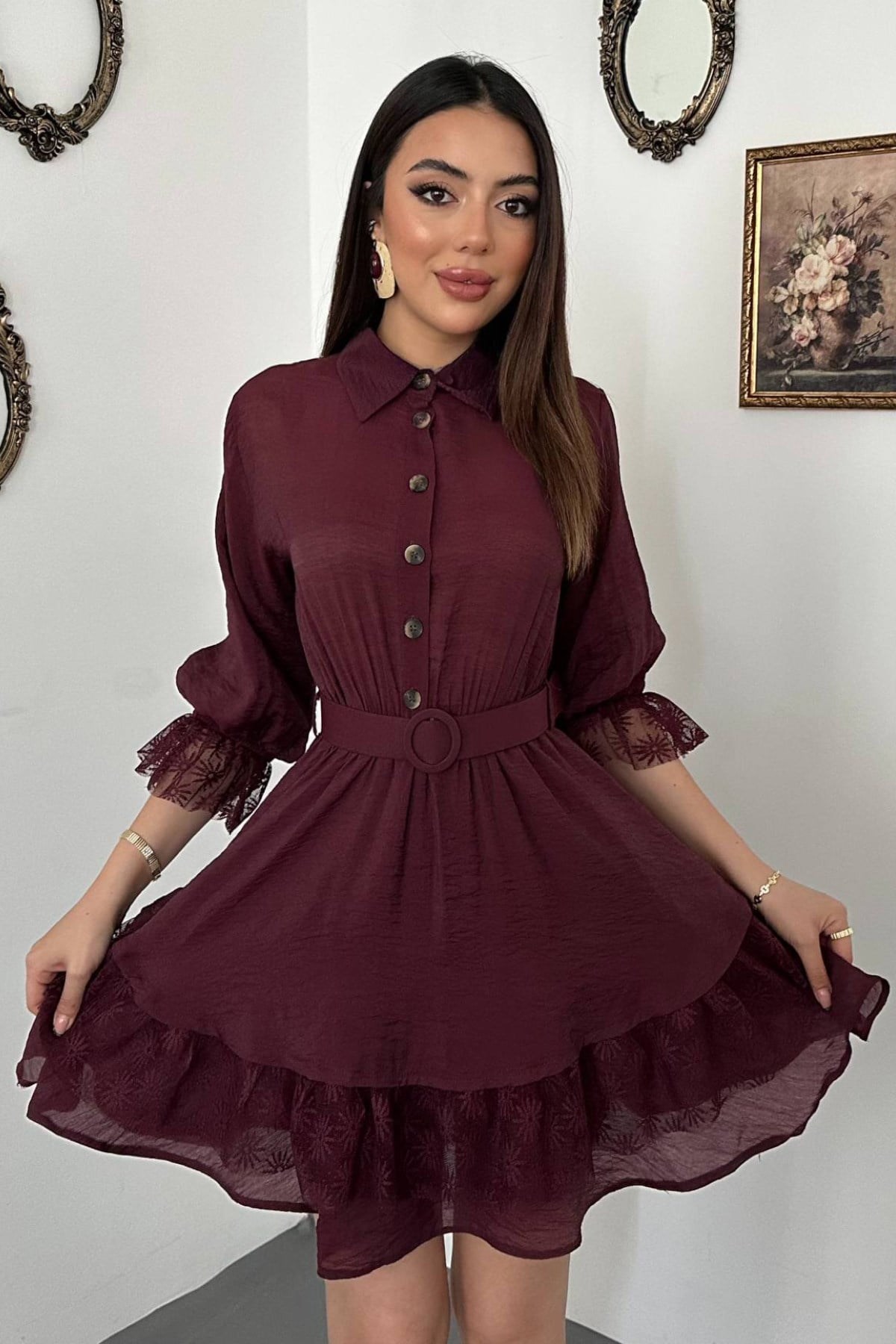 Bordo Önü Patlı Dantelli Elbise