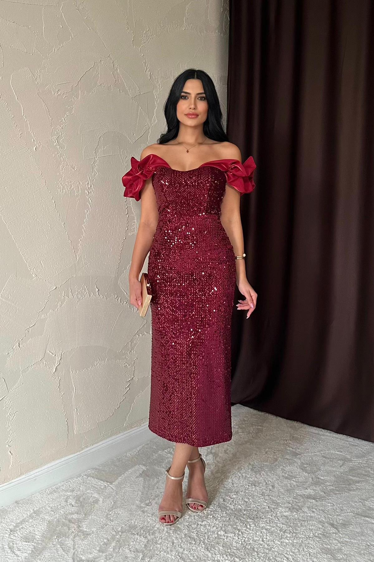 Bordo Pulpayetli Kolsuz Elbise