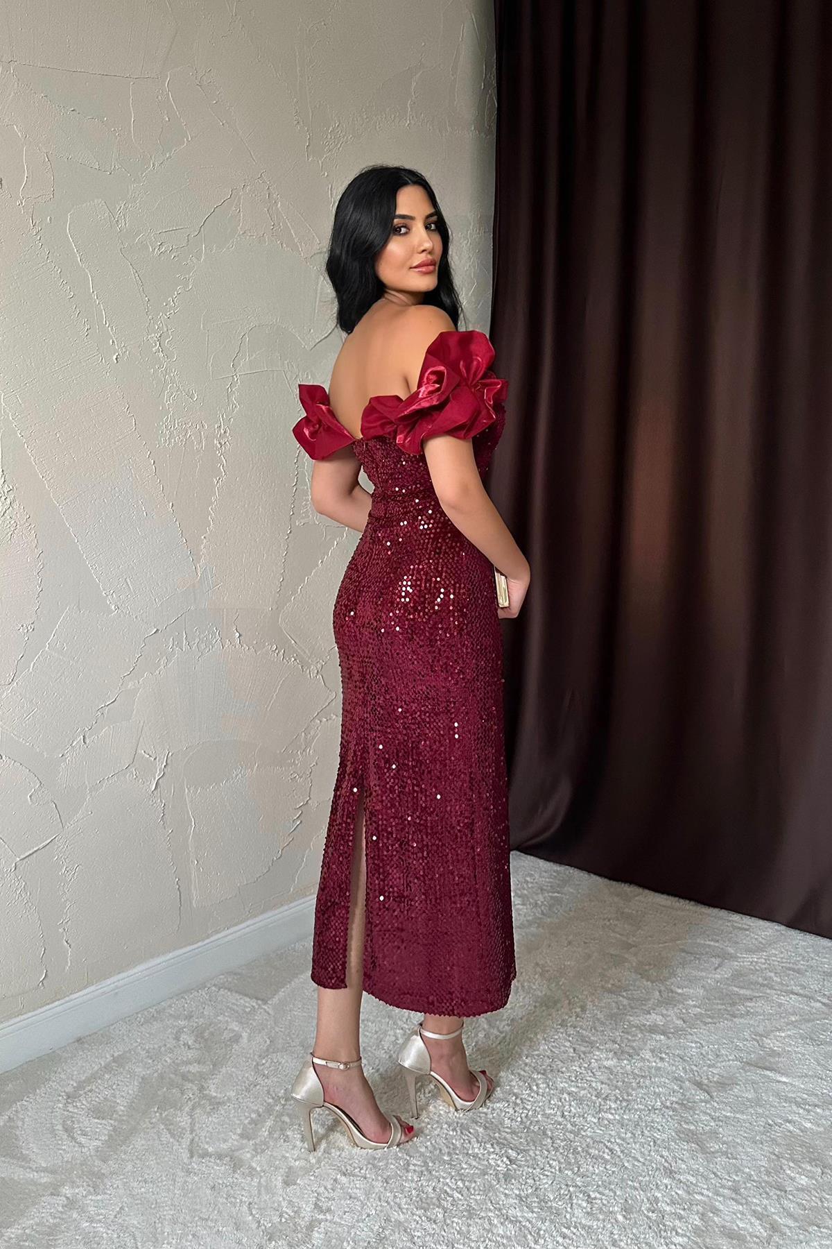 Bordo Pulpayetli Kolsuz Elbise