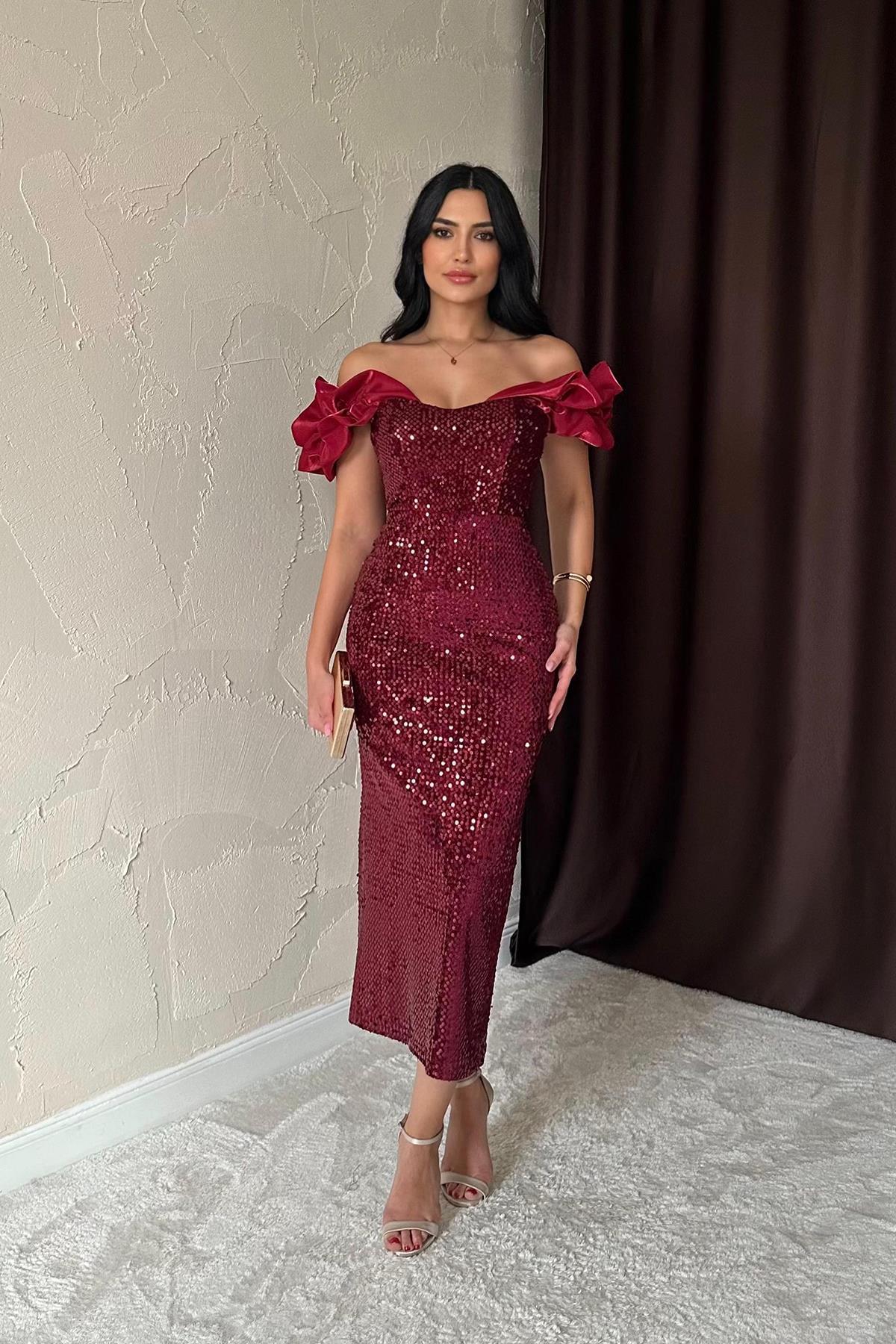 Bordo Pulpayetli Kolsuz Elbise