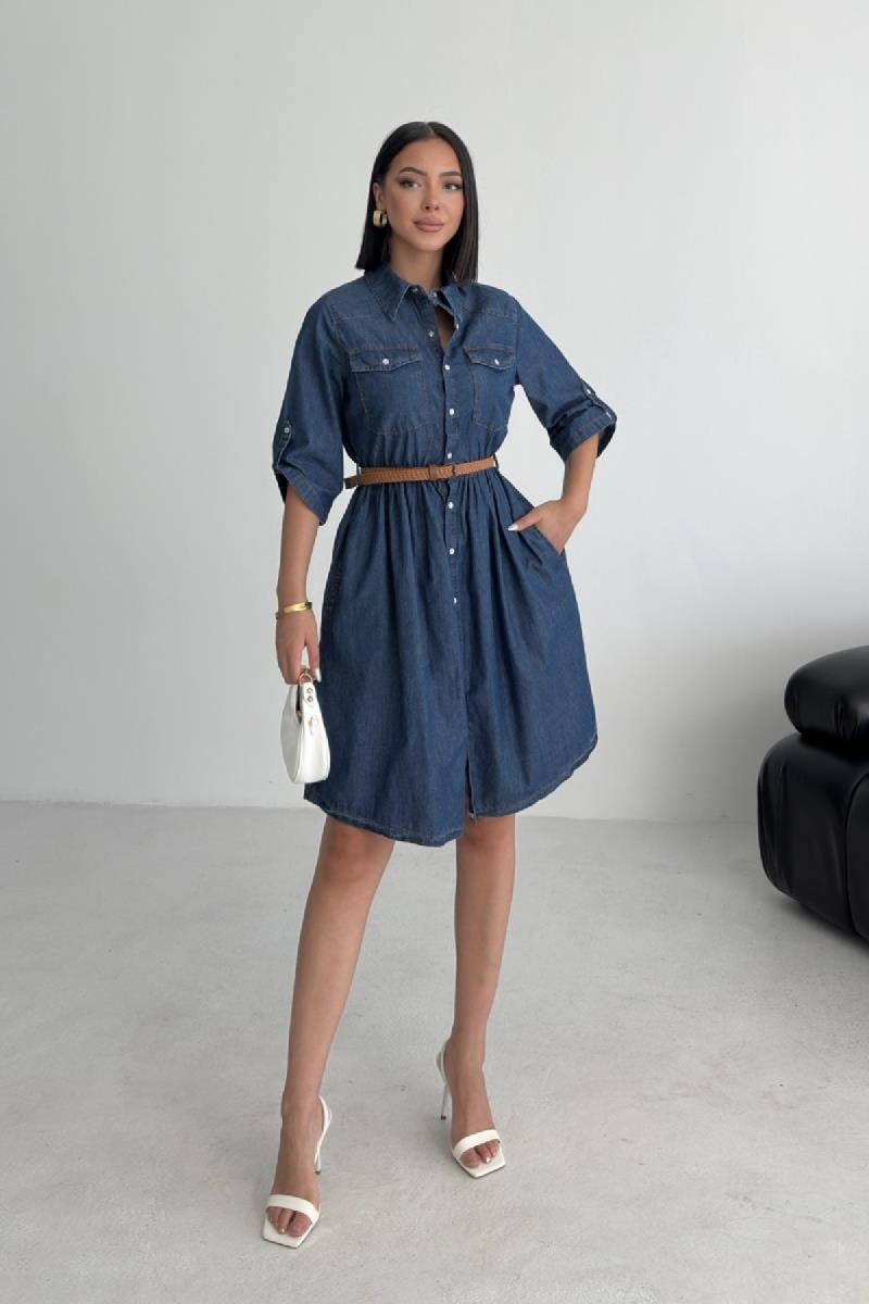 Büzgü Detaylı Kısa Kot Elbise 3040-15-(S-XL)