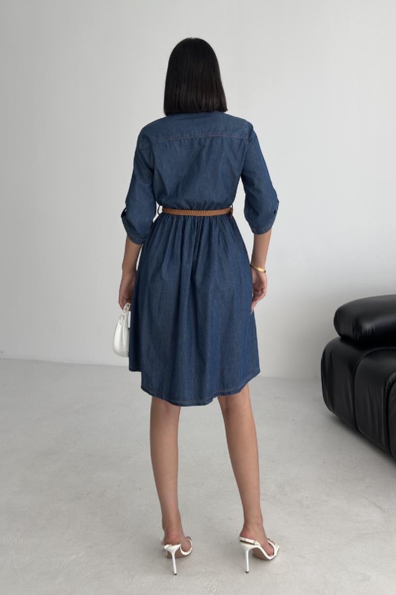 Büzgü Detaylı Kısa Kot Elbise 3040-15-(S-XL)