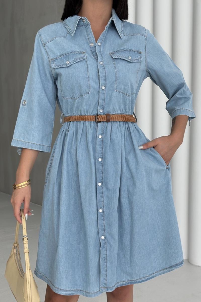 Büzgü Detaylı Kısa Kot Elbise 3040-15-(S-XL)