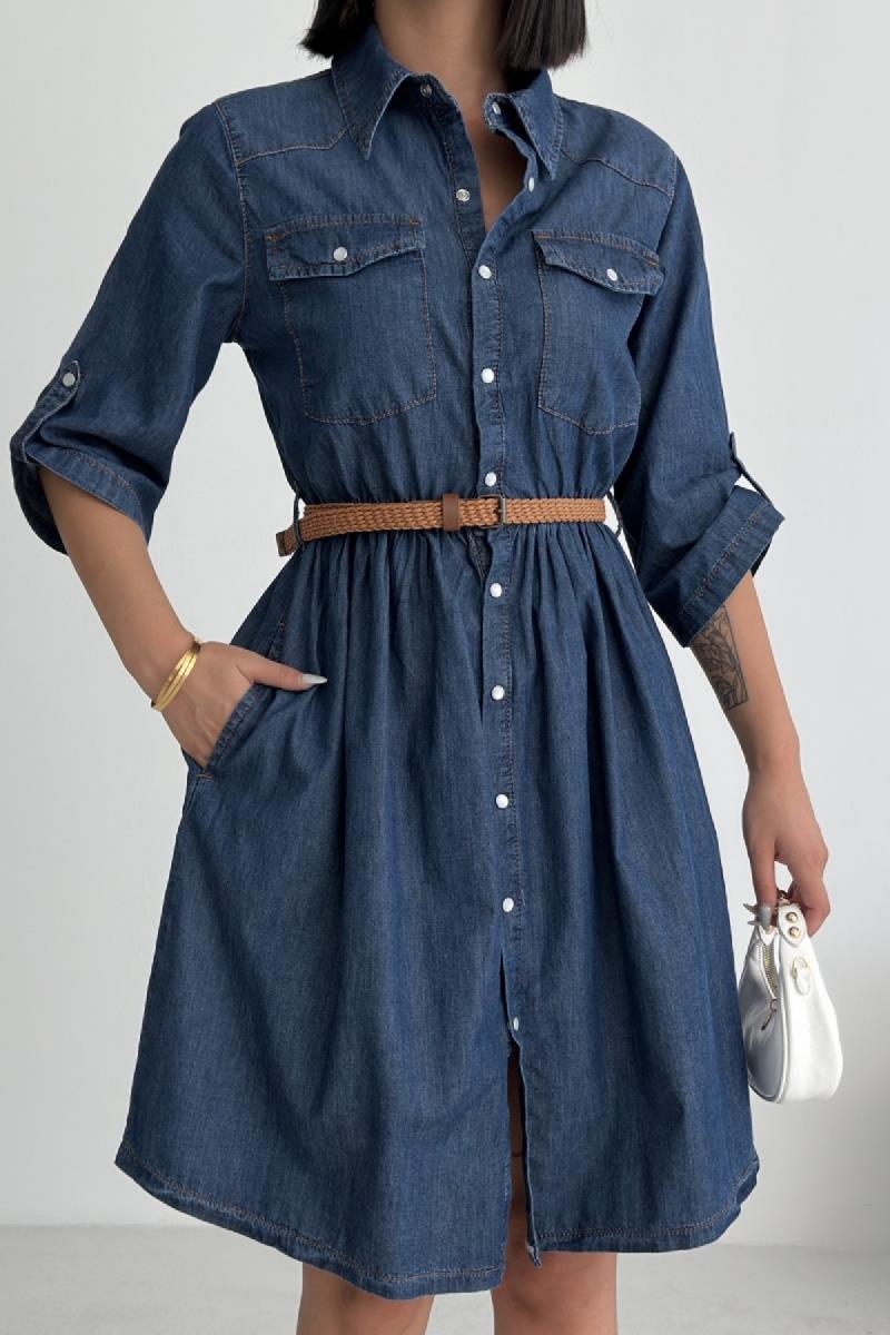 Büzgü Detaylı Kısa Kot Elbise 3040-15-(S-XL)