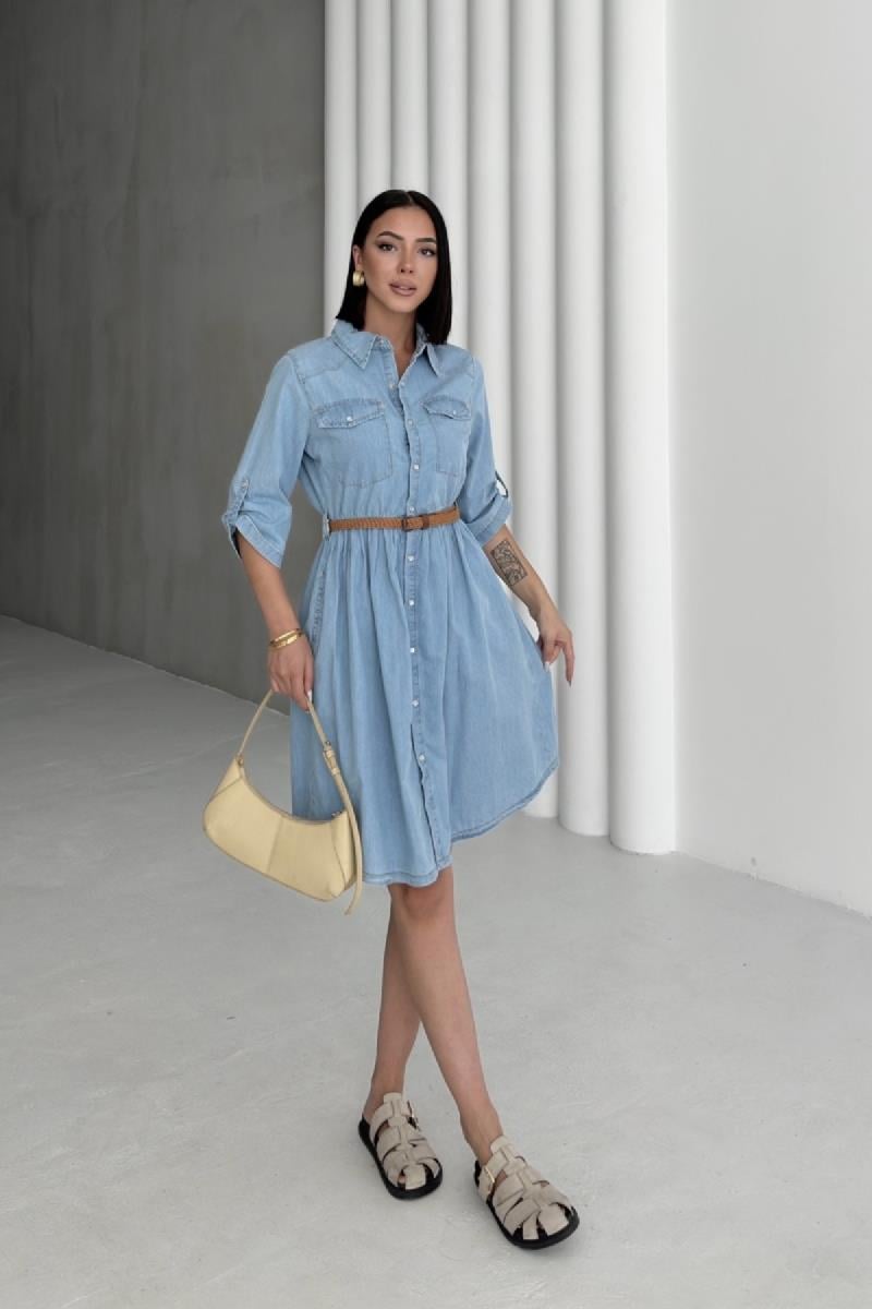 Büzgü Detaylı Kısa Kot Elbise 3040-15-(S-XL)