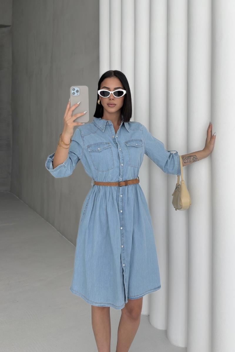 Büzgü Detaylı Kısa Kot Elbise 3040-15-(S-XL)