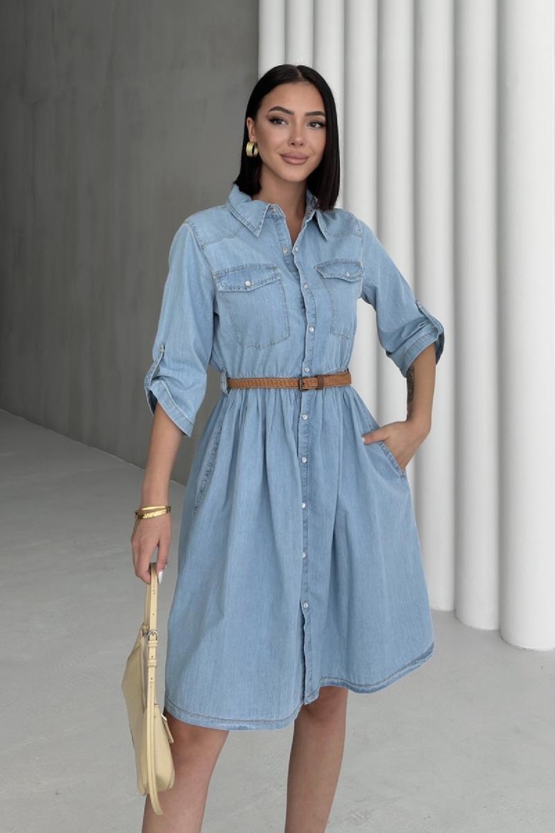 Büzgü Detaylı Kısa Kot Elbise 3040-15-(S-XL)