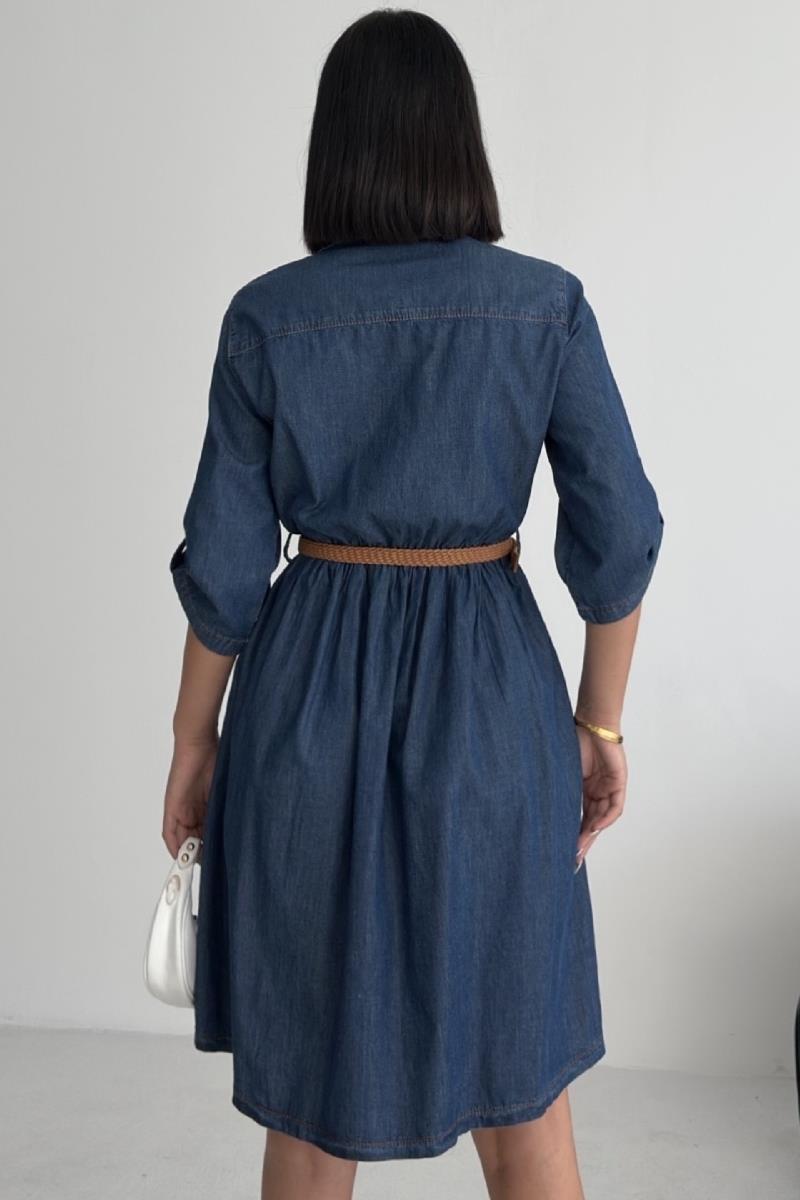 Büzgü Detaylı Kısa Kot Elbise 3040-15-(S-XL)