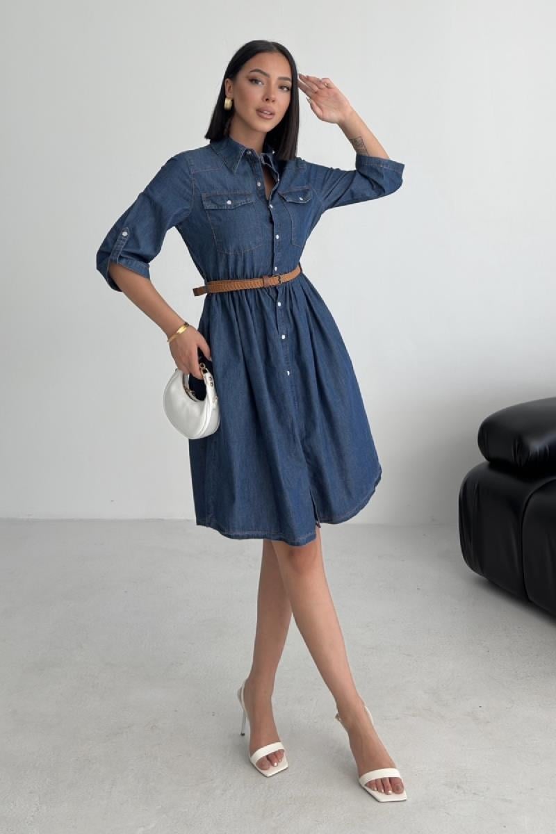 Büzgü Detaylı Kısa Kot Elbise 3040-15-(S-XL)