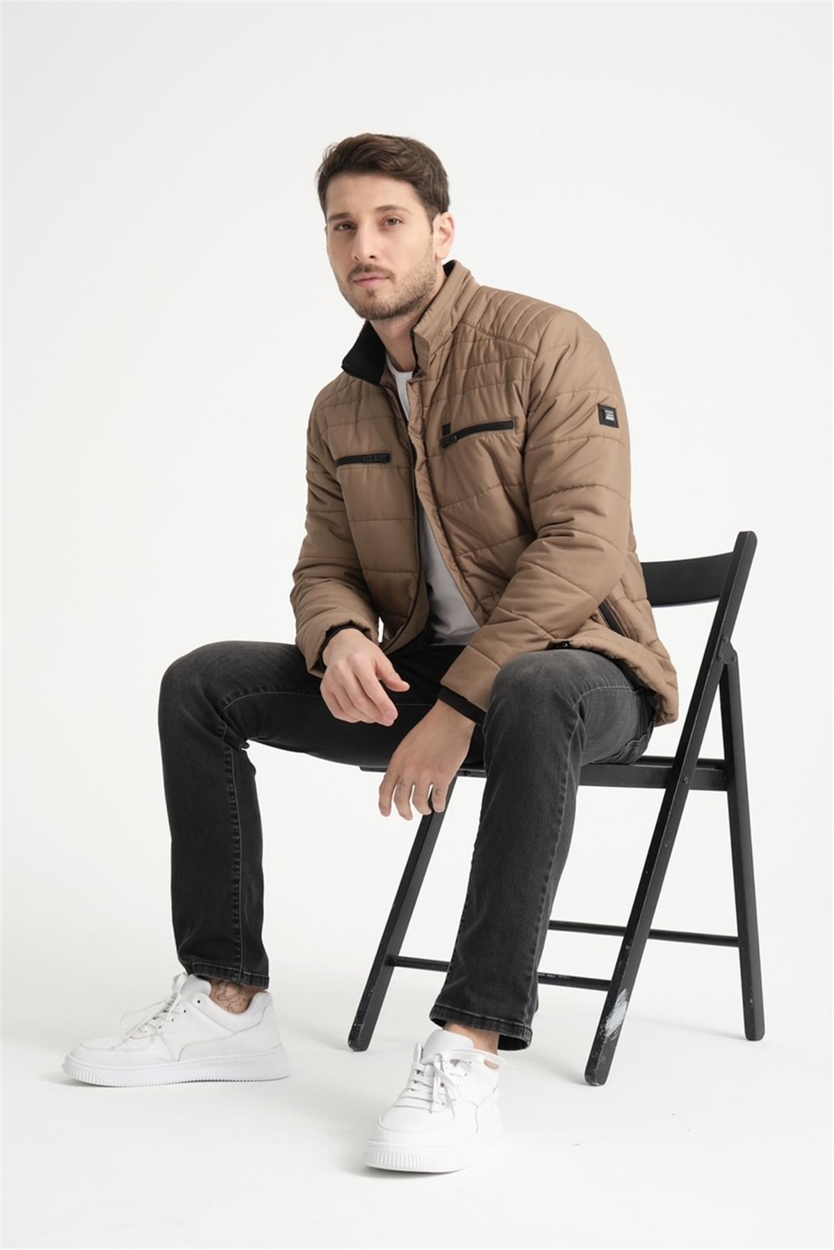 Wholesale Camel Double Zipper Pocket Stand Collar Jacket 3082C