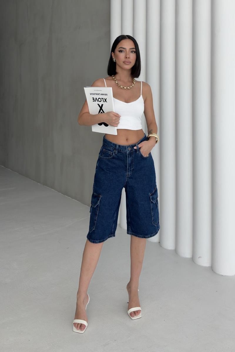 Cep Detaylı Orta Boy Kot Şort 2026-26-(36-42-6)