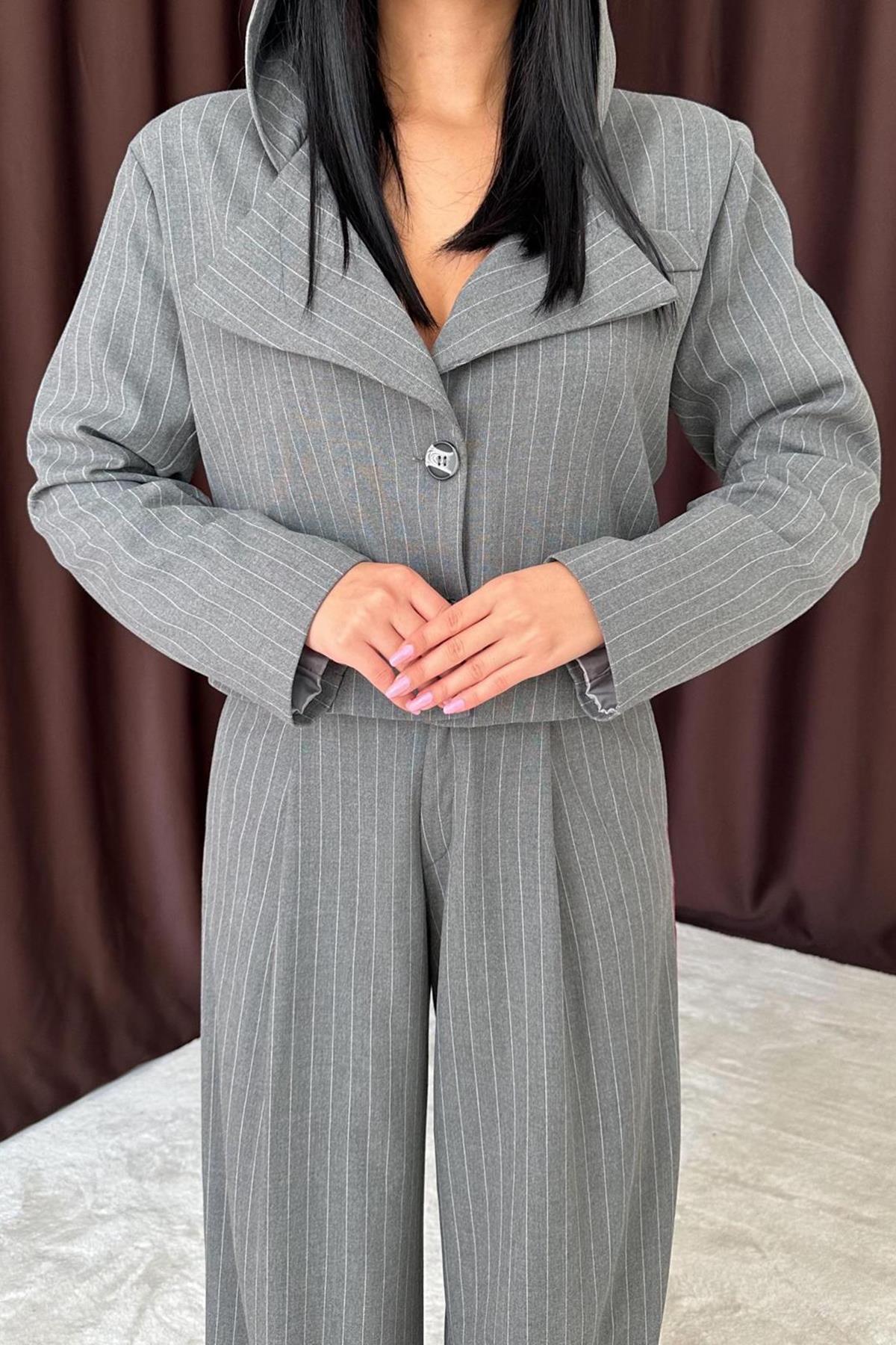 Çizgili Kapüşonlu Ceket - Gri