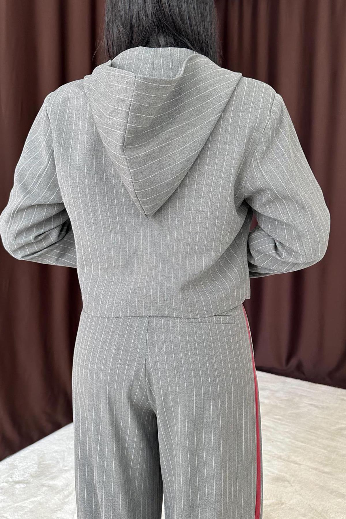 Çizgili Kapüşonlu Ceket - Gri