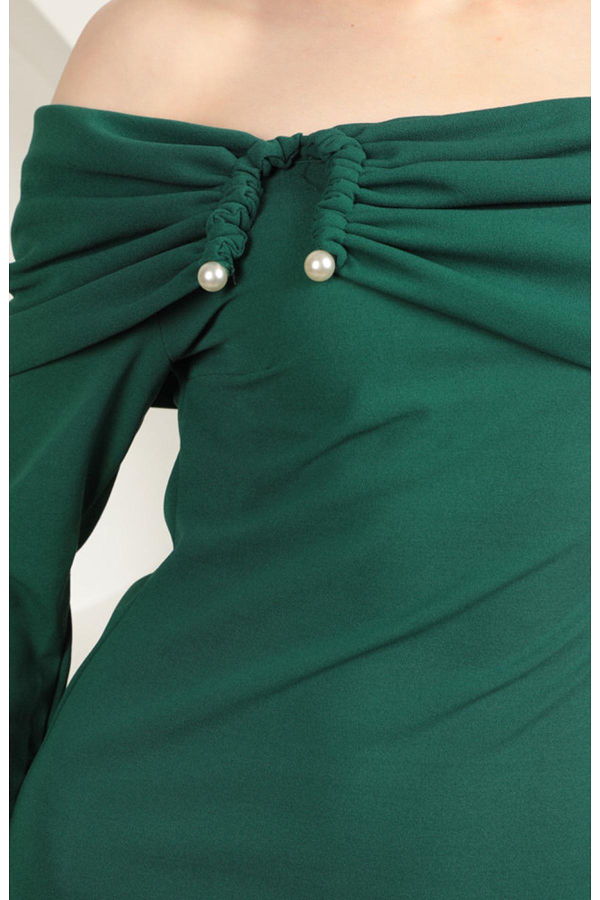 Crepe Fabric Madonna Dress With Neckline Accessories-Emerald Green