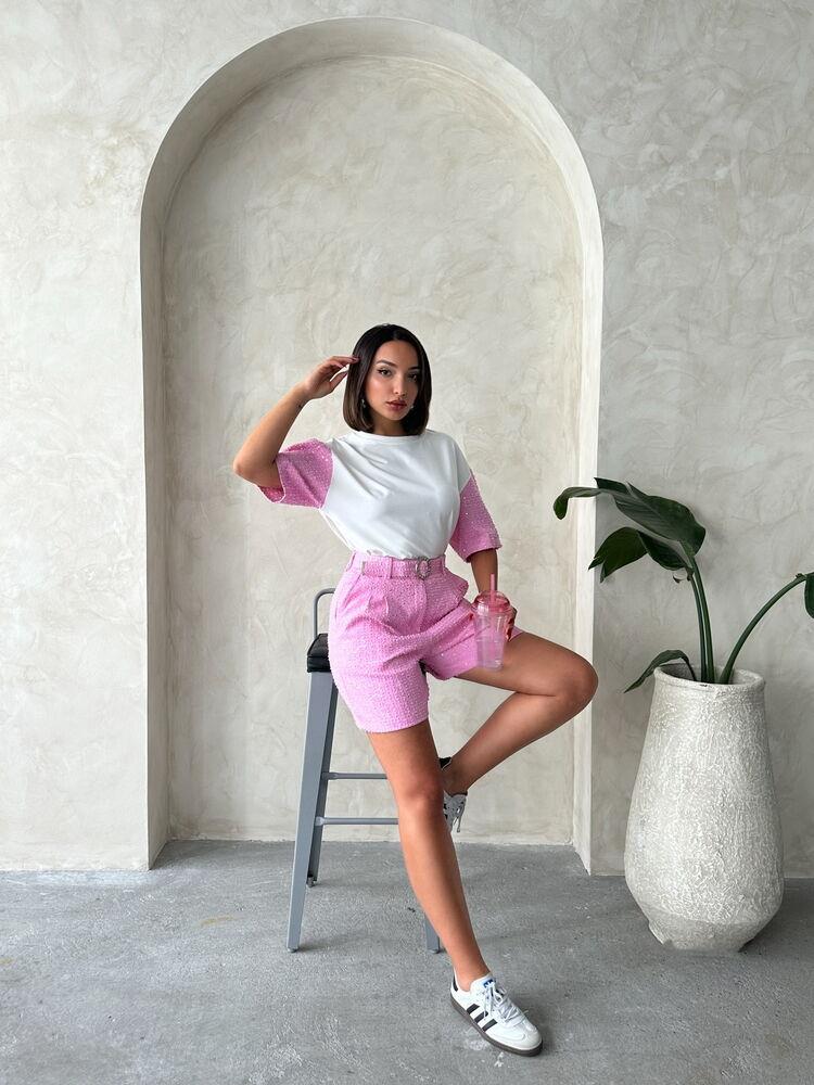 D 2786 PULLU KOT ŞORT - PEMBE