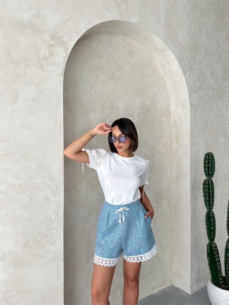 D 2866 GÜPÜR DETALI PULLU KOT ŞORT - MAVİ