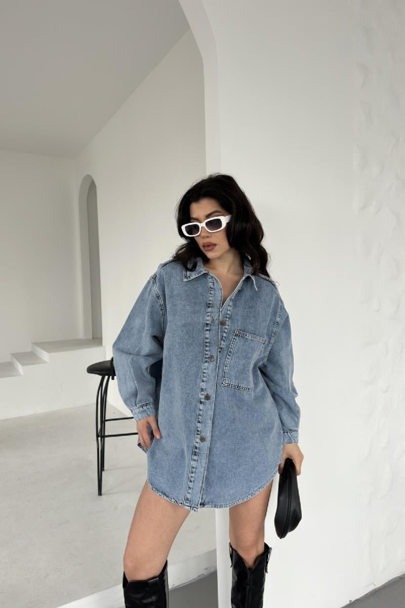 Düğmeli Oversize Kot Gömlek 6080-08-(S+L+3)