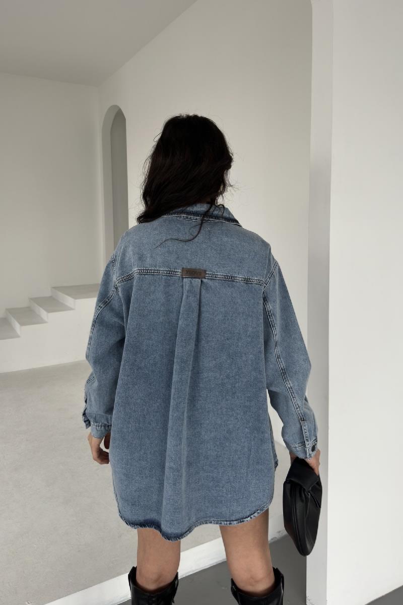 Düğmeli Oversize Kot Gömlek 6080-08-(S+L+3)