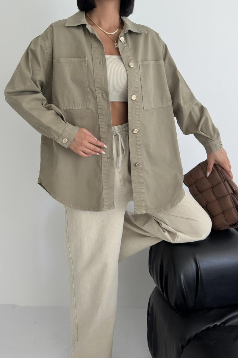 Düğmeli Oversize Kot Gömlek 6080-08-(S+L+3)